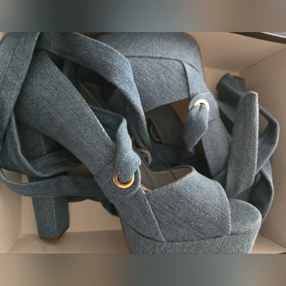 WORN ONCE***Size 11 womens Blue denim platforms with strap